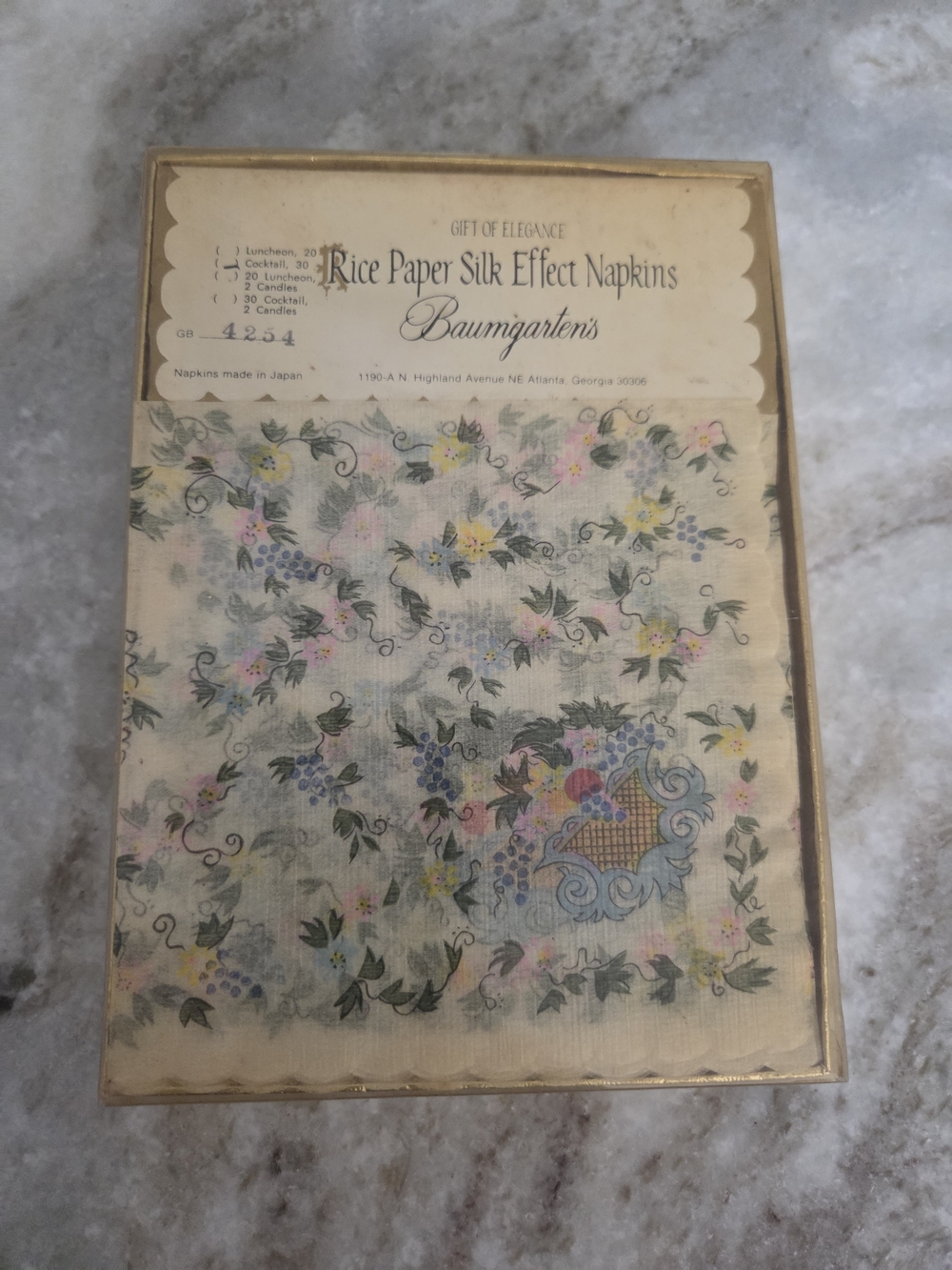 Vintage Baumgarten’s Rice Paper Silk Effect Luncheon Napkins Floral Basket Bin1K